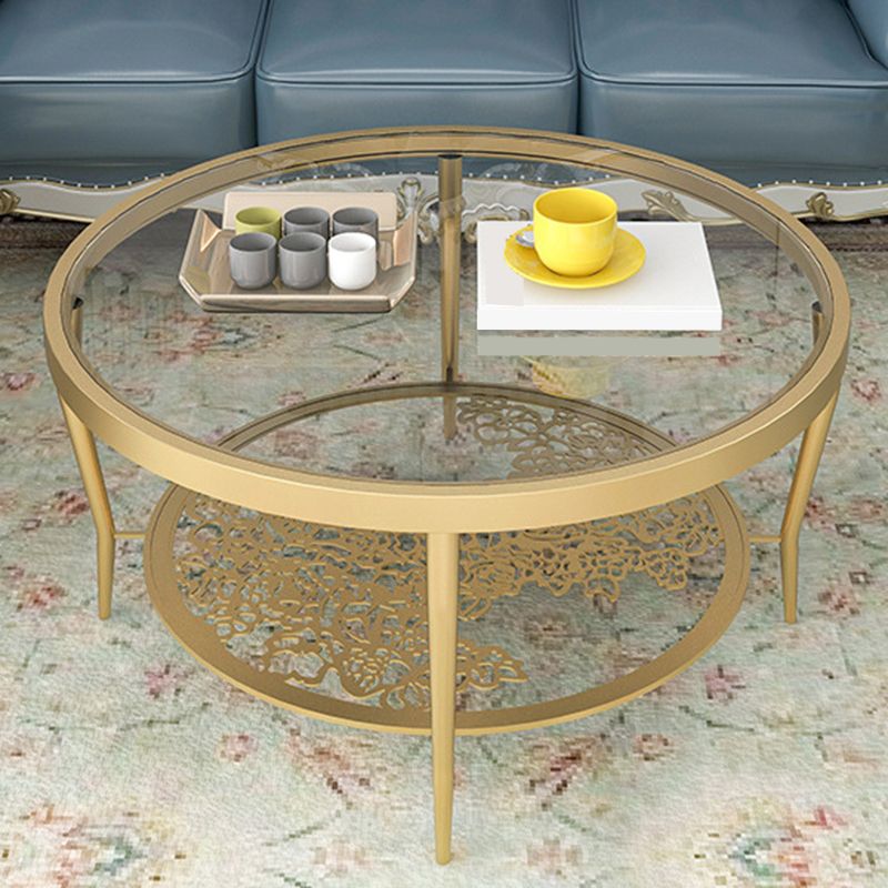 Contemporary Round Glass Top Coffee Table with Iron 4 Legs and Shelf