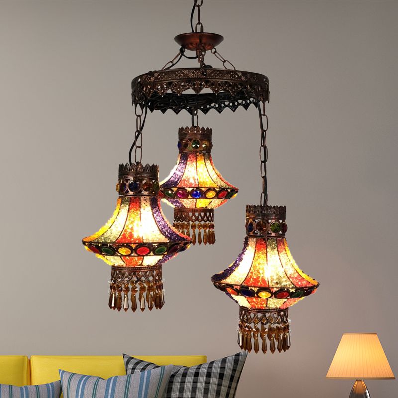 Bohemian Lantern Pendant Chandelier 3/4 Heads Metal Hanging Ceiling Light in Copper for Restaurant