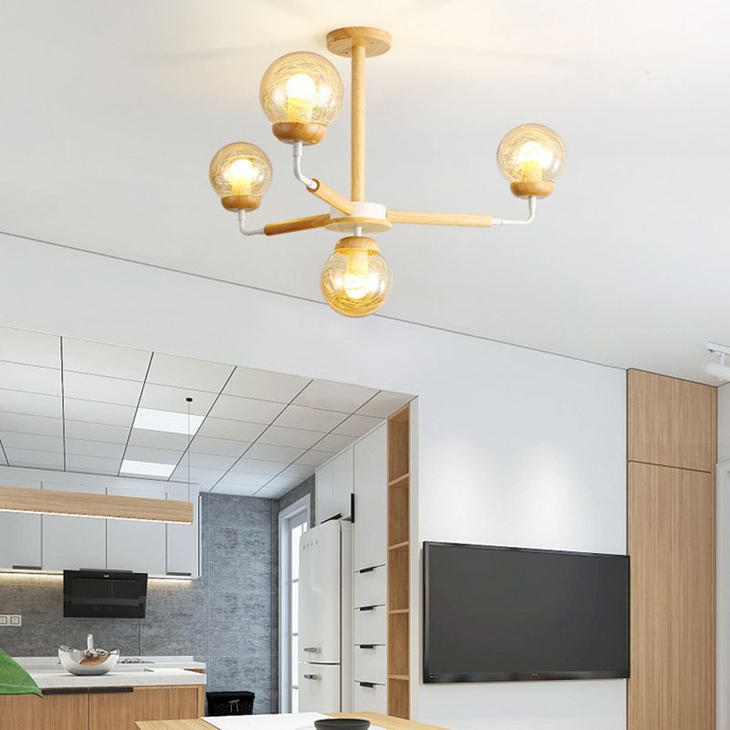 Minimalist Globe Chandelier Wooden 4-Light Bedroom Suspension Light with Glass Shade