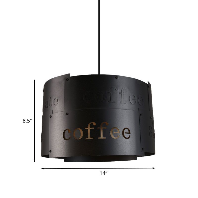 3-Light Chandelier Warehouse Script Printing Drum Iron Drop Lamp in Black with Splice Design and Inner Fabric Shade