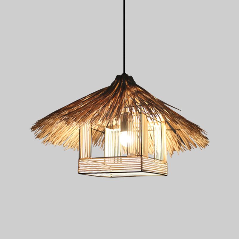 Beige House Ceiling Lamp Chinese 1 Head Bamboo Hanging Light Fixture for Dining Room