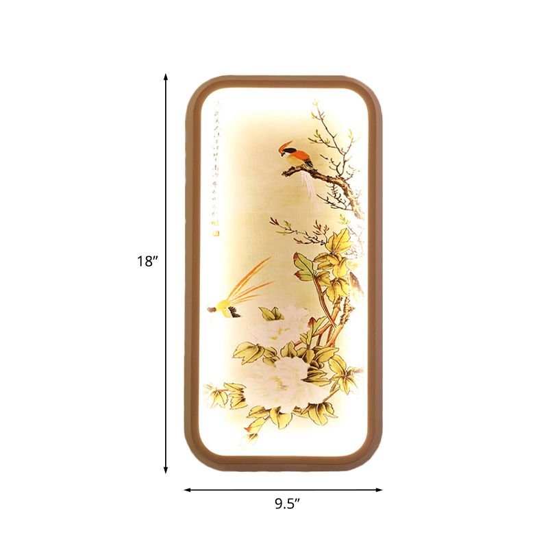 Fabric Rectangle Leaf and Bird Mural Light Chinese Style LED Yellow Wall Mount Light
