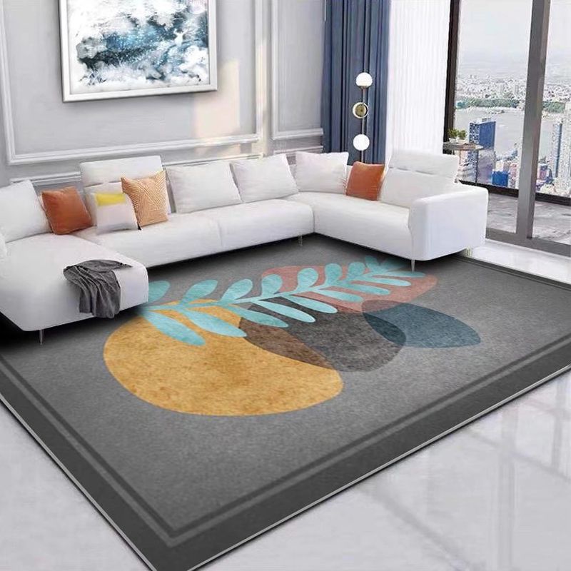 Black Modern Area Carpet Floral Pattern Polyester Area Rug Stain Resistant Rug for Home Decor