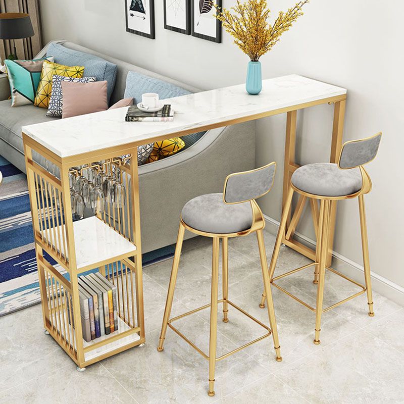 Glam White Marble Bar Dining Table Iron Double Pedestal Bistro Table with Shelve