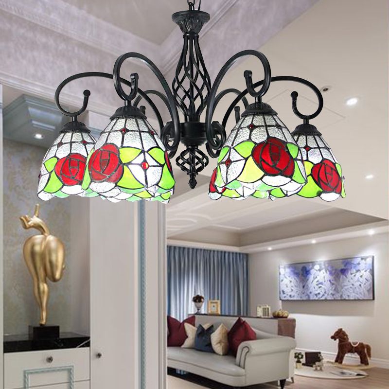Tiffany Rose Chandelier Light 6 lumières Tanage Tanage Pendante intérieure Lumière en rouge pour le salon