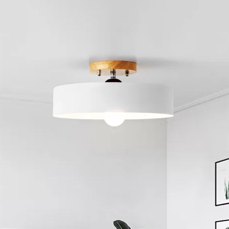Drum Semi Mount Lighting Modernist Metal 1 Light 12" W Gray/White/Red/Pink Ceiling Mounted Fixture for Living Room