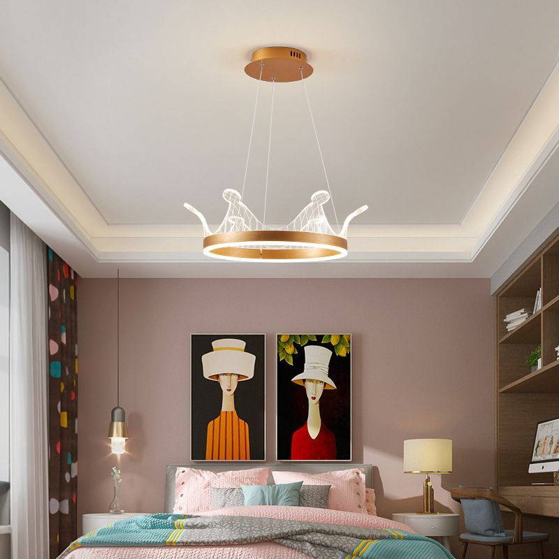 Minimalist LED Suspension Light Gold Crown Shaped Chandelier with Acrylic Diffuser