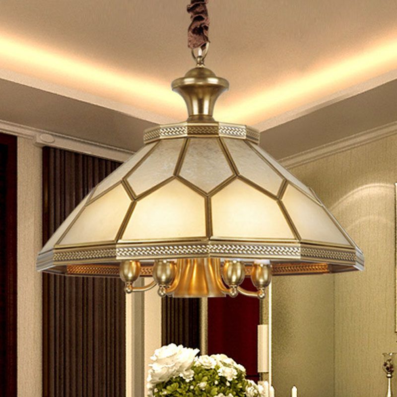 3/7 Lichter Kronleuchter anheizt helles kolonialer konischer Elfenbein -Glas -Federlampe in Gold für Restaurant, 13 "/20,5" W.