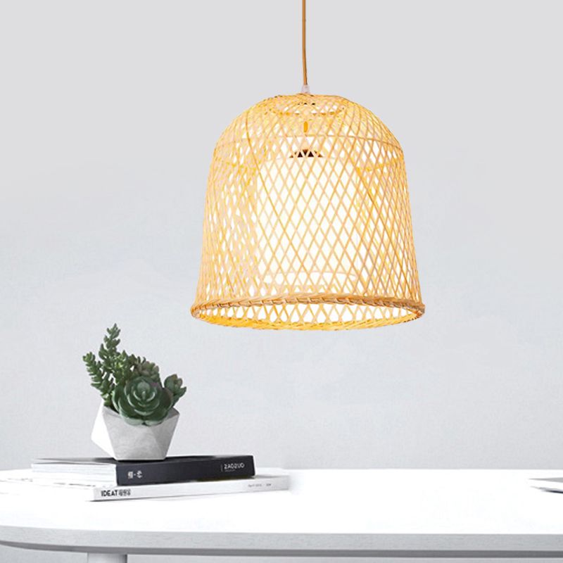 Tradición de iluminación colgante de campana bambú 1 kit de lámpara colgante de madera de bulbo con sombra de tela blanca interna