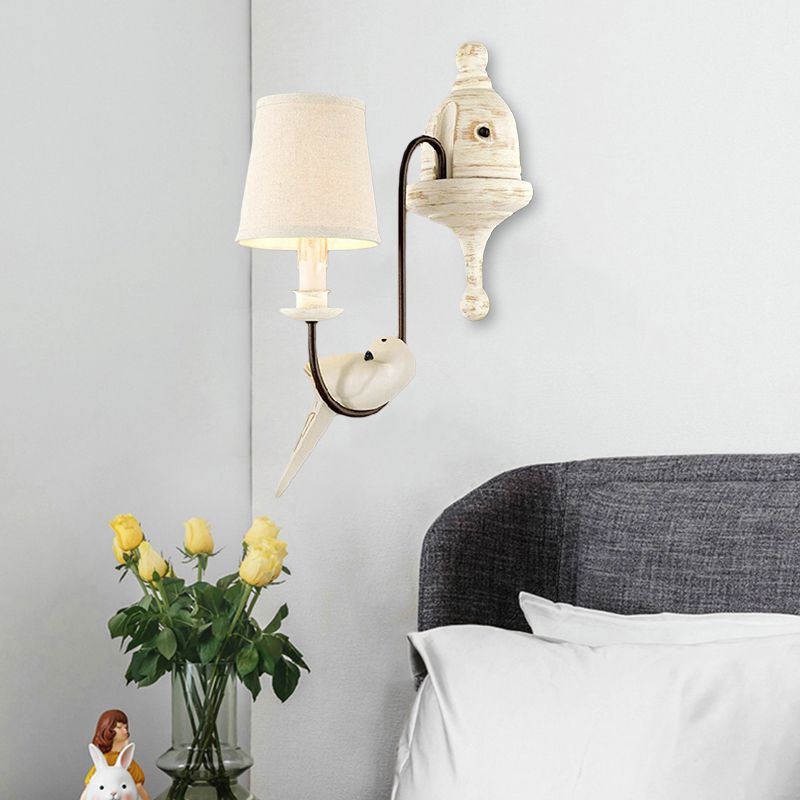 Tapered Bedroom Wall Lamp Country Metal 1/2 Light White Sconce Light Fixture with Bird Accents