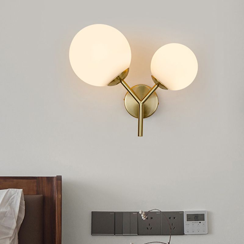 White Glass Spherical Sconce Contemporary 2 Heads Wall Mounted Light Fixture in Gold