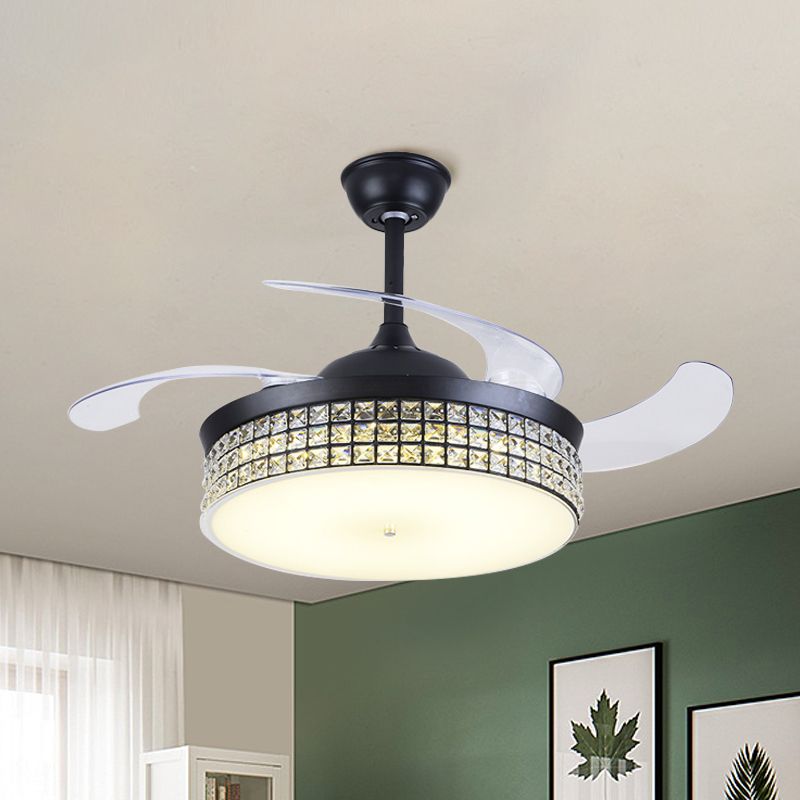 4-Blade-Drum Semi Flush Mount Light Contemporary CRYN CRISTAL 19 "Breite LED LED Black Hanging Lüfterlampe
