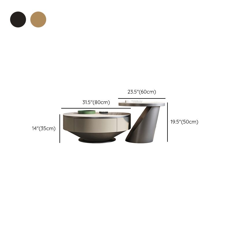 Round Pedestal Coffee Table Glam Stone Cocktail Table with 2 Drawers
