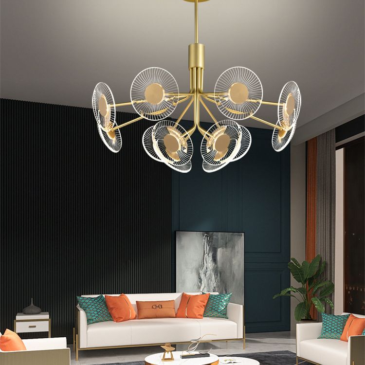 Lámpara de araña radial dorada Luz de suspensión acrílica de LED posmoderna para sala de estar
