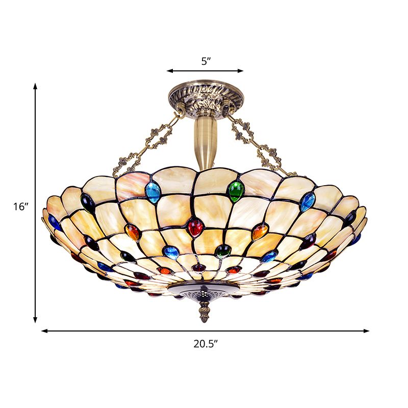 Vintage Bowl Ceiling Light Stained Glass 4 Heads Jewel Semi Flush Ceiling Fixture in Beige