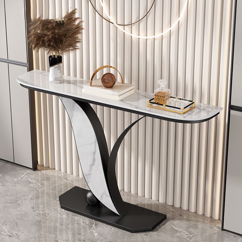 Contemporary Half Moon Console Table with Black Iron Base for Hall