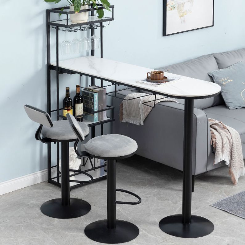 White Stone Indoor Glam Bar Dining Table Iron Double Pedestal Bistro Table with Wine Rack