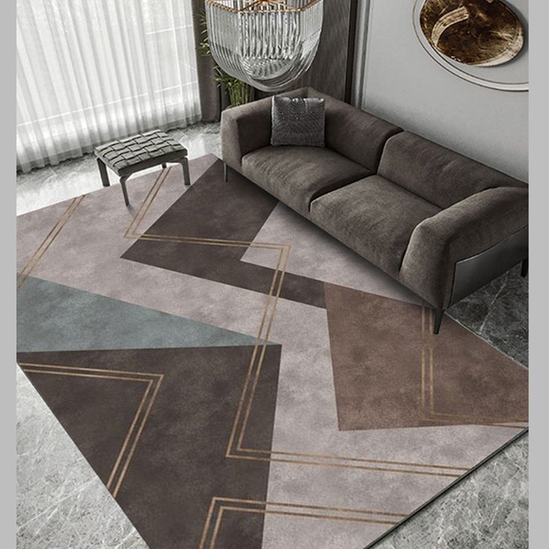 Grey Living Room Area Rug Modern Geometric Pattern Area Carpet Polyester Non-Slip Backing Rug