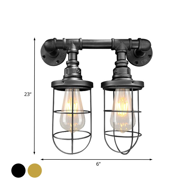 Wire Cage Iron Sconce Light Fixture Farmhouse 2 Bulbs Coffee Shop Wall Mount Pipe Lamp in Black/Brass