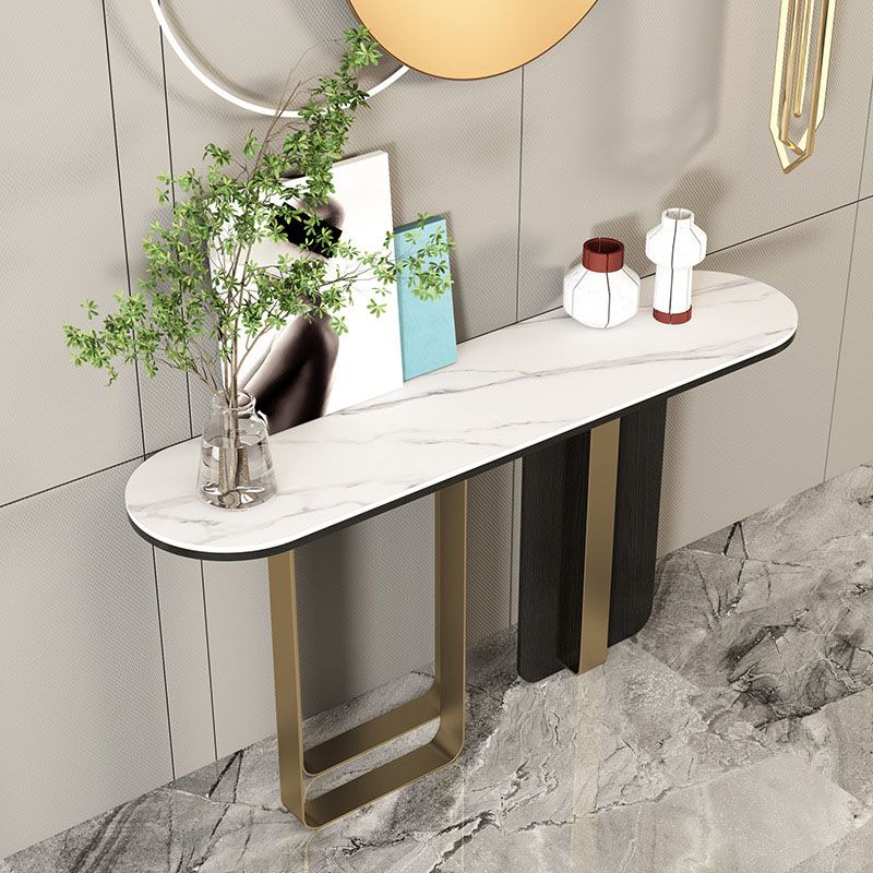 Glam Metal Console Sofa Table Oval Stone Console Accent Table for Hall