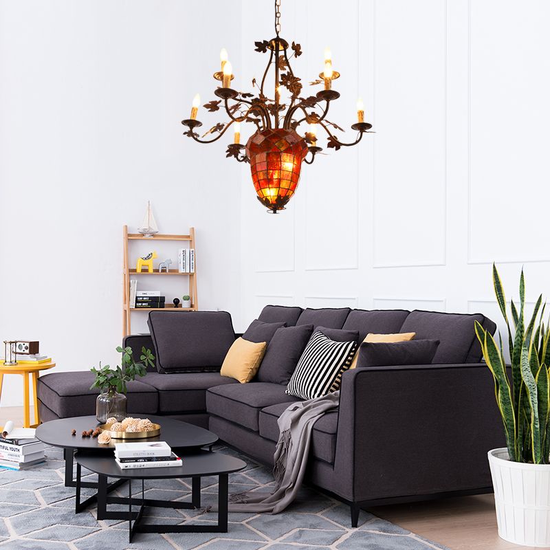 12 Lights Candle Chandelier Rustic Brown Metal Pendant Light Fixture for Living Room with Pinecone