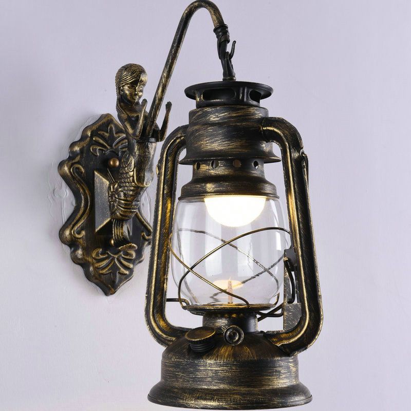 Clear Glass Kerosene Wall Light Fixture Nautical 1 Head Restaurant Wall Sconce with Curved Arm
