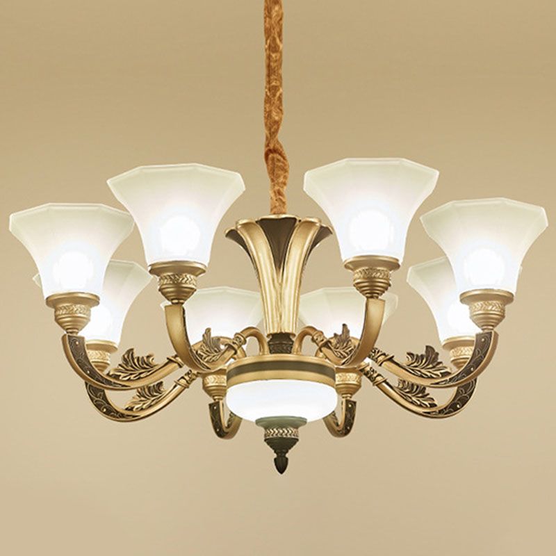 Modernism Pendant Lamp Gold Paneled Bell Hanging Chandelier with Opaline Frosted Glass Shade