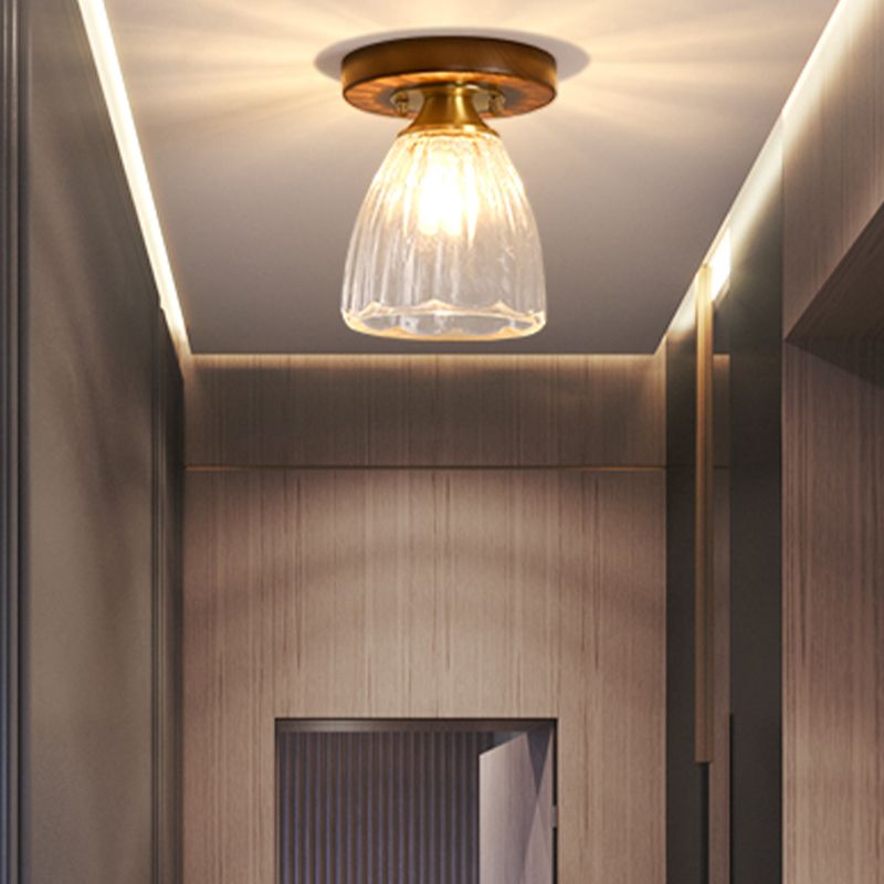 Modern Wood Ceiling Light Geometric Shape Flush Mount with Glass Shade for Living Room