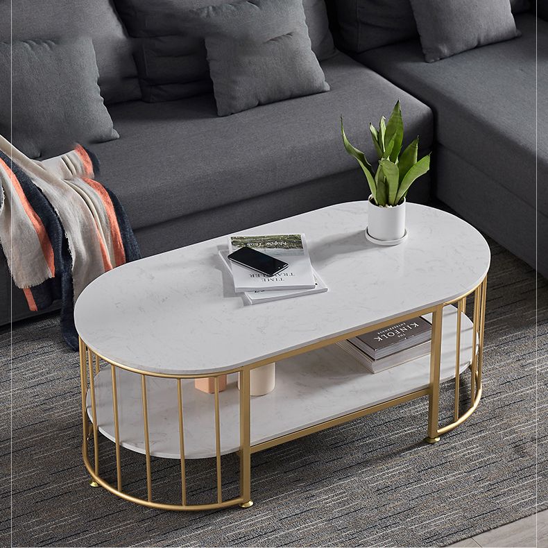 Glam Style Oval Coffee Table with Marble Top and 1 Shelf in White