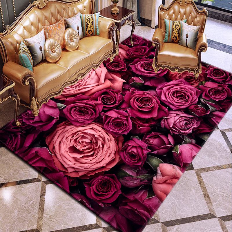 Dark Wine Red Modern Carpet Polyester Flowers Carpet Washable Carpet for Living Room