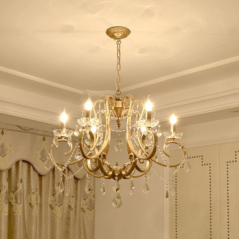 Gold 6 Bulbs Scroll Chandelier Light Fixture Traditional Crystal Swag Ceiling Suspension Lamp