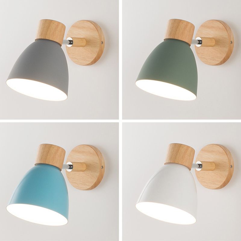 Noordse macaroon-stijl houten wand sconce multi-kleuren optionele klokschaduw wandlamp met verstelbare arm