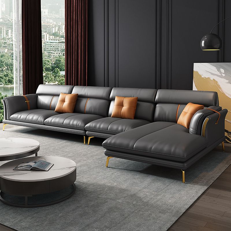Luxurious Pillow Back Sectional Genuine Leather Flared Arm Sectional