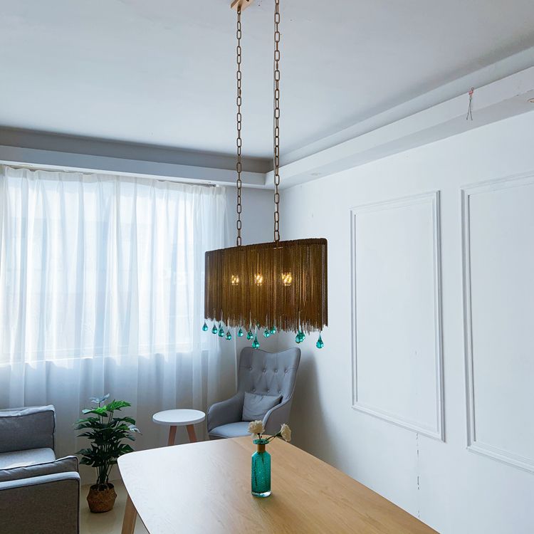 Aluminum Tassel Chandelier Postmodern Brass Finish Hanging Lamp with Blue Crystal Drops