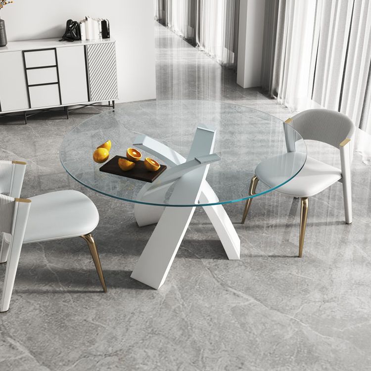 Modern Round Dining Table Glass Tabletop with White Pedestal Base