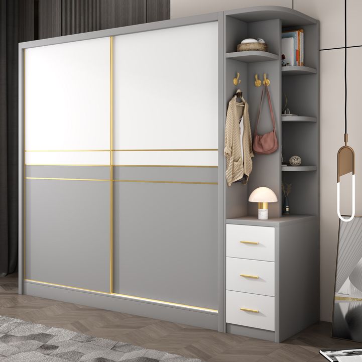 White and Gray Storage Cabinet for Home Modern Wood Cabinet with Sliding Doors