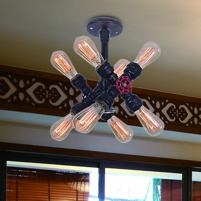 INIRO 8-BOLB SEMI SEMI FLUSH LIGHT LIGUATA VINTAGE NERO CAMPORE CAMERA BASCIO LIGHITTO CON VALVOLE DECO