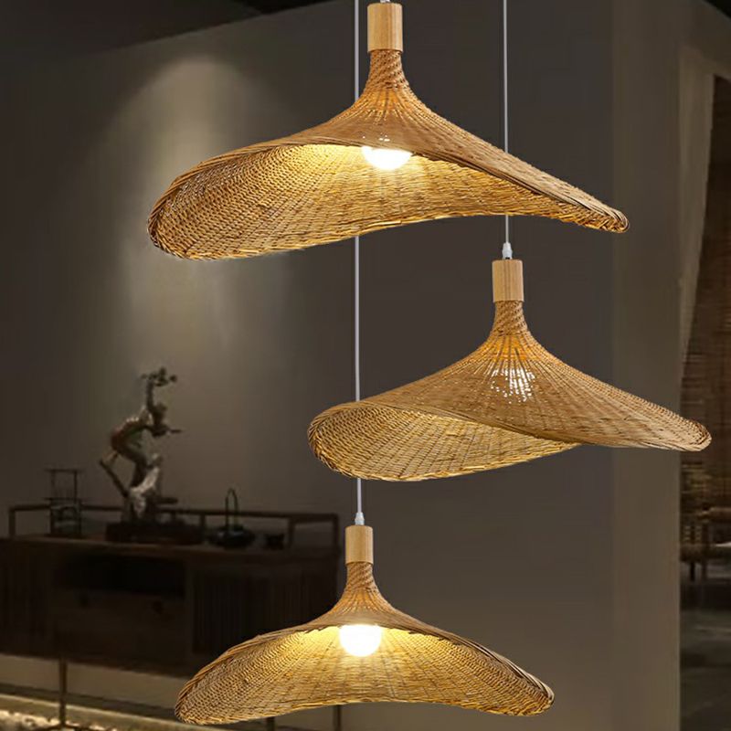 Hat Shaped Pendant Lighting Fixture Asian Bamboo 1-Light Wood Hanging Lamp for Tearoom