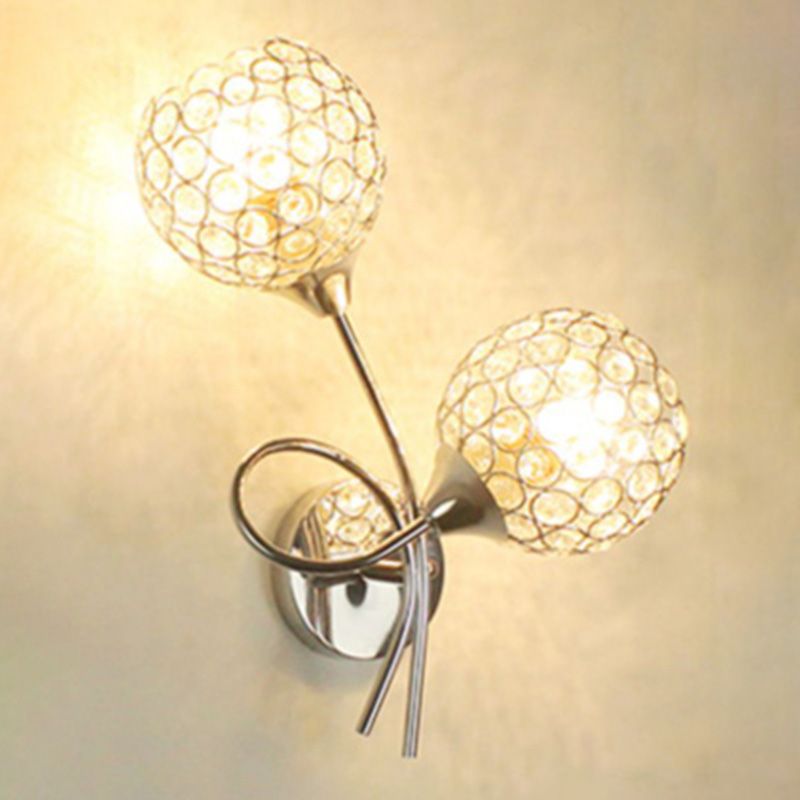 Silver Globe Wall Mounted Light Modern 2-Head Crystal Wall Sconce for Living Room