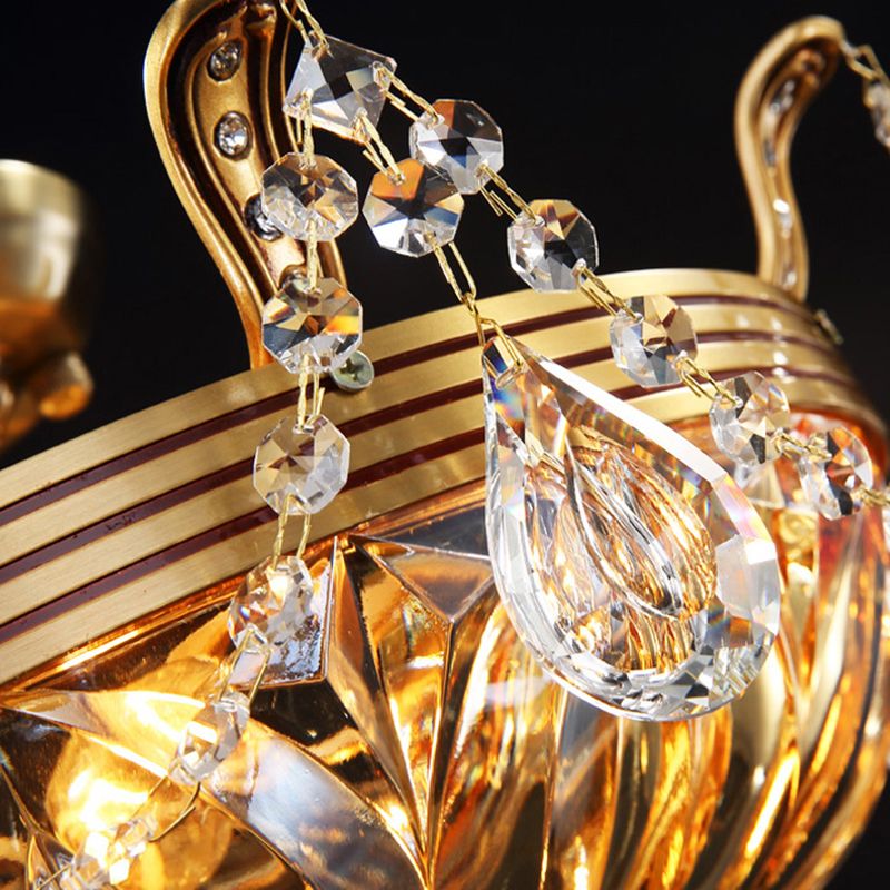 Gold 5 Heads Flush Mount Antique Ribbed Crystal Bowl Shade Flushmount Ceiling Light with Crystal Draping
