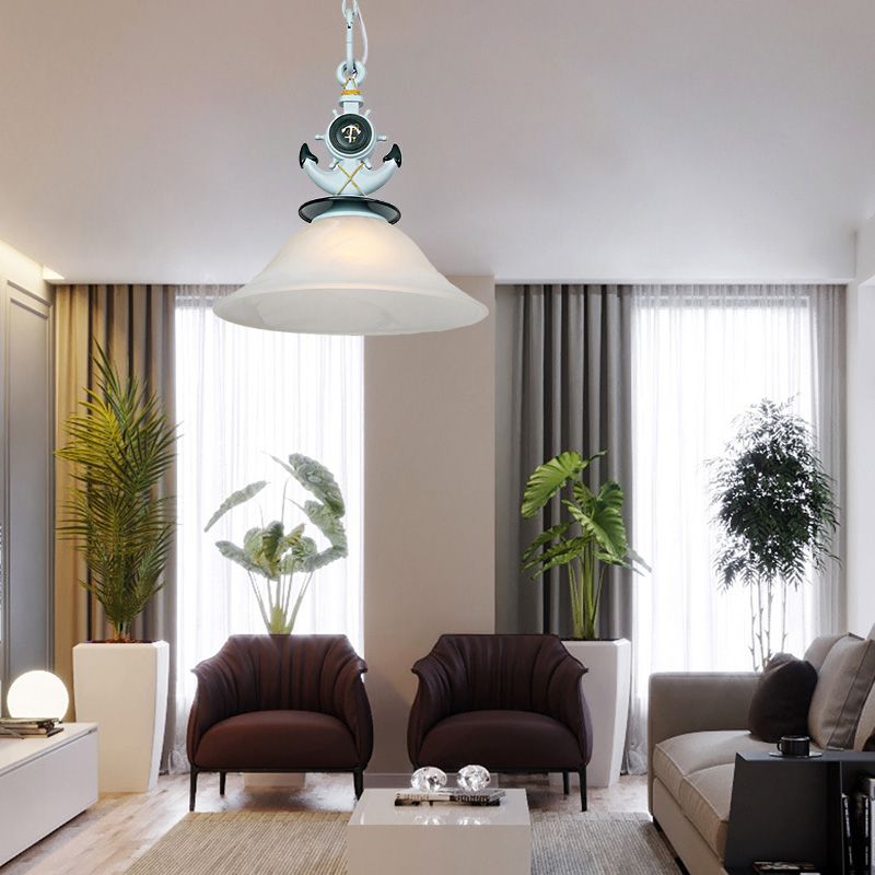 Bell Opalglas hängend hängendem Licht modernistischer Stil 1 Kopf Blau/Weiß Finish Anhänger Beleuchtung mit Anker -Deco