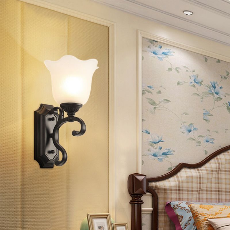 Frost Glass Black Wall Light Fixture Flower Shaped Vintage Wall Mounted Lamp for Bedroom