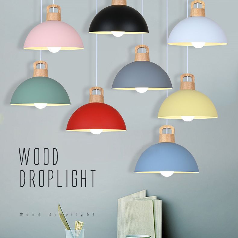 Macaron Style Domed Suspension Lamp Aluminum 1 Head Diner Pendant Light with Wooden Decor