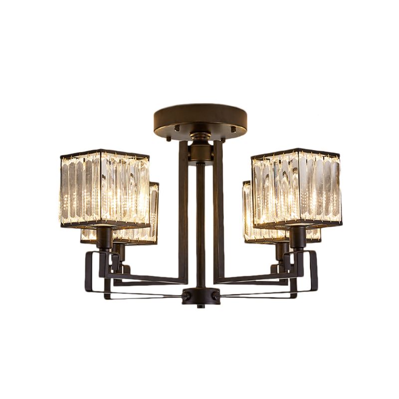 Illuminazione semifulta quadrata nera 4/6/8 luci in stile vintage lampada a soffitto in metallo con prisma di cristallo per camera da letto