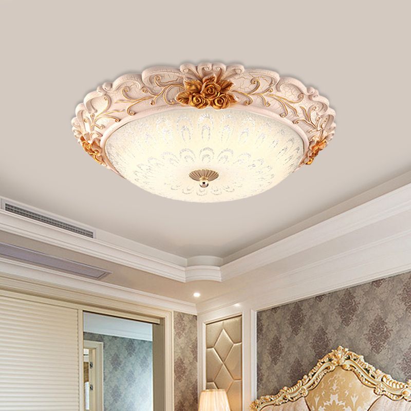 Gold LED Flush Mounted Light Country Style Korea Seeded Glass Carved Flower Flush Lamp, 12"/16" Wide