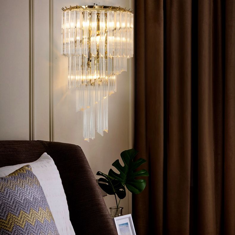 Gold Stagger Wall Lamp in Modern Artistic Style Electroplate Iron Wall Light with Crystal Shade