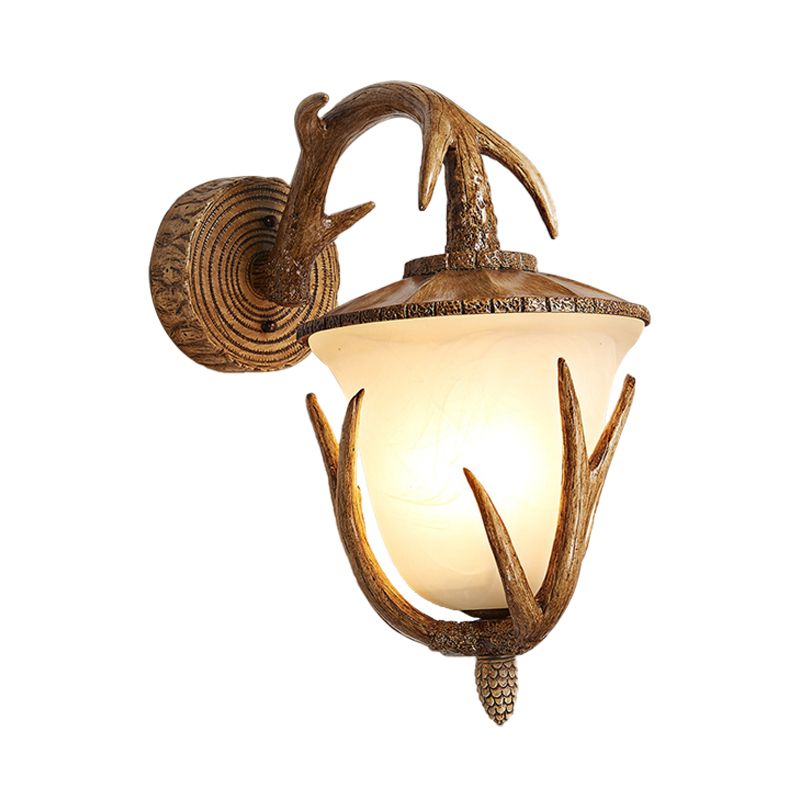 Country Pinecone Shade Sconce Light Fixture 1 Bulb Resin and Frosted Glass Wall Mount Lighting in Wood for Corridor