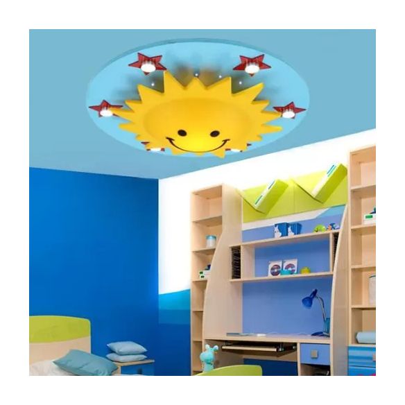 Cartoon Smiling Sun Flush Ceiling Light Wood Ceiling Mount Light in Yellow for Game Room