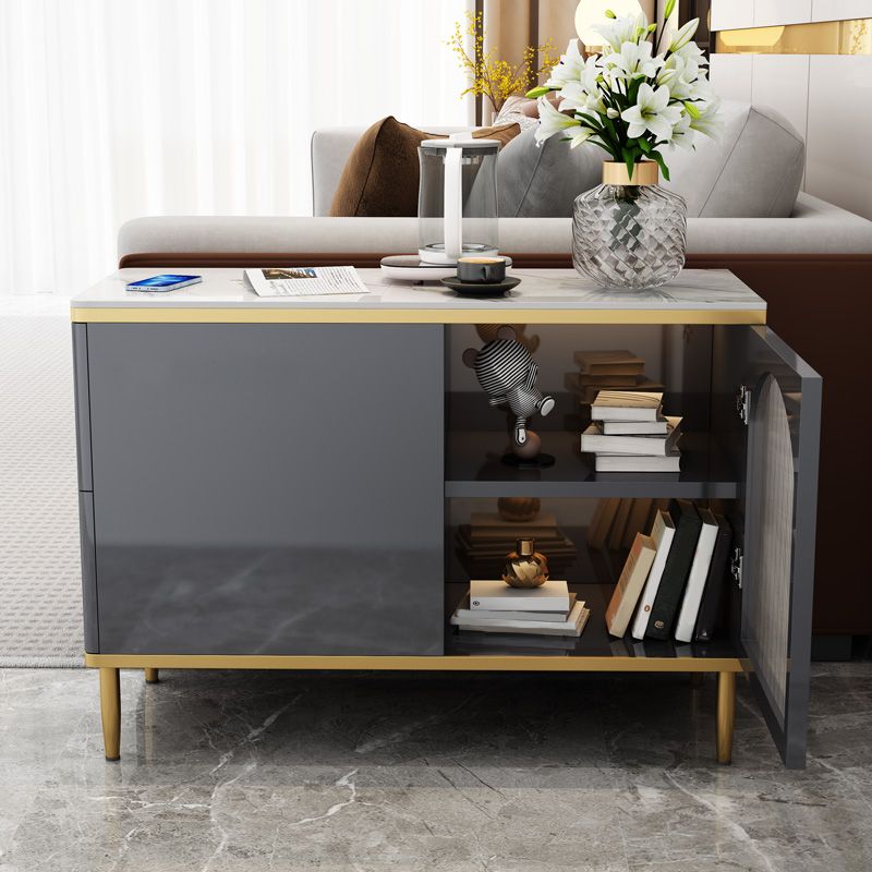 Rectangular Iron 4 Legs Side Table Two-Drawer End Table in Grey/Silver
