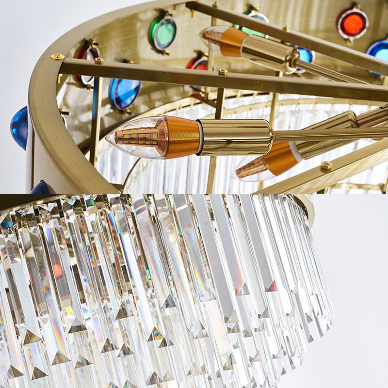 Metalltrommel hängende Kronleuchter mit Edelsteindekoration Moderne Kristall 8 Köpfe Kronleuchterbeleuchtung in Gold